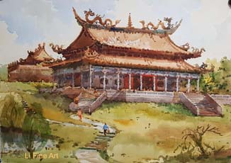 Guang Ming Shang Temple Tong Chin Sye, Watercolor Painting