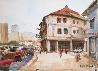 Tong Chin Sye Singapore River Old Shop Houses Watercolour Art