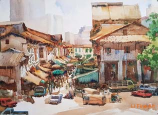 Heritage Shop Houses Tong Chin Sye, Watercolor Painting